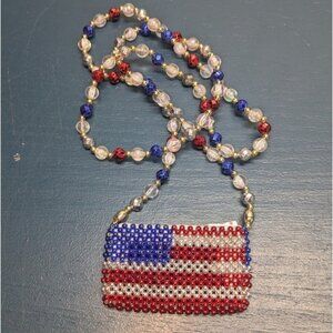 American flag beaded coin purse with red white blue strap